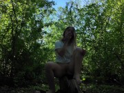 Masturbating my virgin pink pussy in the woods. Public jacking off, orgasm, almost getting caught. 4 14/16