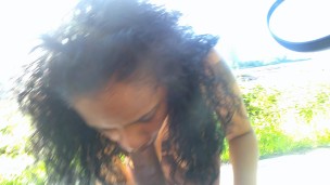 PUBLIC BLOWJOB EXOTIC EBONY COSPLAY BROWN BIG TITS SUCKS DICK ON BIKETRAIL