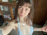 Flat green eyed girl blows you kisses whilst showing tits 2/16