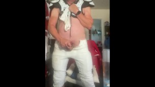 JockDad87 Edges his cock in Football Pads and a Jock Strap