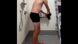 Work shower clothed fleshlight play