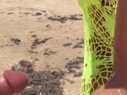 23 asian wife gives handjob on the beach in fishnet dress 13/16