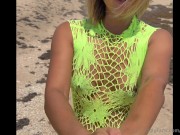 23 asian wife gives handjob on the beach in fishnet dress 16/16