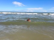 126 D tanned asian milf gets creampie on the beach washes cum off 15/16