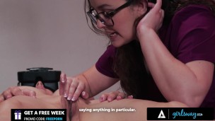 GIRLSWAY - Horny PAWG Masseuse Leana Lovings Fingers Blindfolded MILF Lexi Luna’s Oiled Shaved Pussy