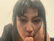My stepsister does a deep blowjob and gets cum on her face! POV 8/16
