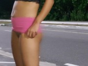 Sexy Pink micro skirt in public no panties 3/16
