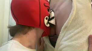 Puppy boy sucks furry boy's big cock and gets cumshot in face