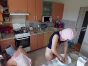 Amateur couple having fun naked in the kitchen 3/16
