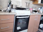 Sexy naked wife prepares food in the kitchen. Hairy brunette hair, big ass, big tits. 1/16