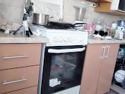 Sexy naked wife prepares food in the kitchen. Hairy brunette hair, big ass, big tits. 2/16