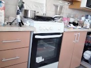 Sexy naked wife prepares food in the kitchen. Hairy brunette hair, big ass, big tits. 5/16