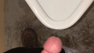 Risky public washroom urinal masturbation and cumshot