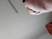 Amateur hairy brunette, big tits, sensual hairy woman in the kitchen.