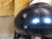 POV: Rough Fuck and Sloppy Blowjob Ends with Cum on my Wife's Leather Leggings