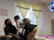 I'm alone with my sister's busty friend. We fuck without a condom, and I cum inside her. 1/16