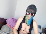 Sexy brunette massages her hairy pussy to orgasm with moans. Mom with hairy pussy masturbates