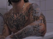 Hot inked guy with mullet takes bath after fucking blue haired gamer gf all day 😳 2/16