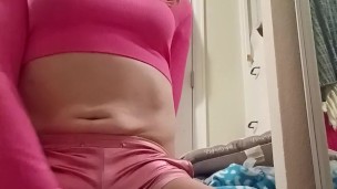 Kitty Kat trans girl in pretty pink masterbates and cums