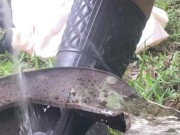 Squatting over a rusty can to let it all out, pissing like a nasty farm slut 12/16