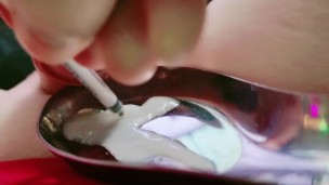 💦 CUMSHOT 💦 CUM 🫦Cumming in to Big Spoon lots eating Cum Eater 😍💦 Thick Cum Eating Sperm 🔥❤️