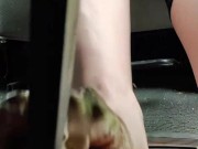 Pedal pumping ice cream sandwichs wearing white ankle socks then barefoot in my truck behind pedal 13/16