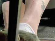 Pedal pumping ice cream sandwichs wearing white ankle socks then barefoot in my truck behind pedal 6/16