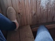 Unplanned public blowjob on a forest viewing deck, ending with a huge facial amid yellow blooms 1/16