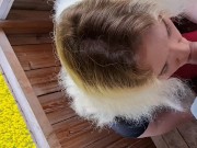 Unplanned public blowjob on a forest viewing deck, ending with a huge facial amid yellow blooms 11/16
