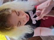 Unplanned public blowjob on a forest viewing deck, ending with a huge facial amid yellow blooms 15/16