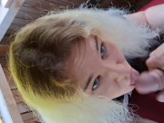 Unplanned public blowjob on a forest viewing deck, ending with a huge facial amid yellow blooms 16/16