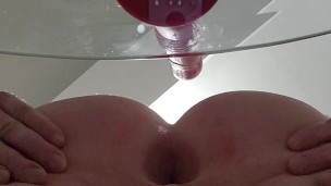POV New Toy UP Close View Through The Glass Table Sitting On The Self Thrusting DILDO Creampie Mysel