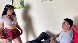 Little busty student offers her huge ass to the teacher to graduate - English subtitles