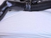 Trembling fingers inside a rubber suit... Slave's electric masturbation training