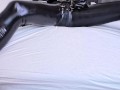 Trembling fingers inside a rubber suit… Slave’s electric masturbation training