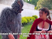 Little Red Riding Hood lost a fruit from her basket and is looking for it in the wolf's pants. 6/16