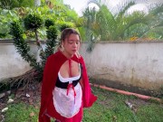 Little Red Riding Hood lost a fruit from her basket and is looking for it in the wolf's pants. 7/16