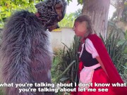 Little Red Riding Hood lost a fruit from her basket and is looking for it in the wolf's pants. 9/16