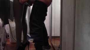 The milf with beautiful legs and pantyhose irons and gets touched and fucked