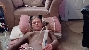 KittyKat trans girl cums in her catsuit with magic wand