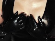 Blond Girl in Latex Dress gives Handjob in her Latex Gloves till Cum 8/16