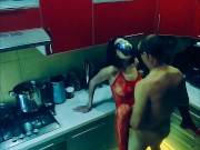 Beautiful slender wife in erotic bodysuit fucked in the kitchen in all positions 11/16