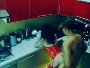 Beautiful slender wife in erotic bodysuit fucked in the kitchen in all positions 12/16