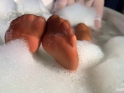 Goddess takes a bath in tan pantyhose and teases you with nylon feet 9/16