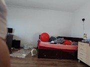 Amateur mom has fun trying on clothes and cutting them. 1/16