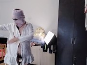 Amateur mom has fun trying on clothes and cutting them. 11/16