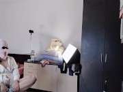 Amateur mom has fun trying on clothes and cutting them. 9/16