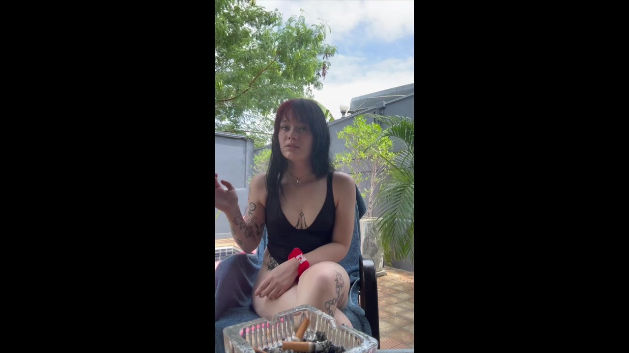 Goth girl Smokes and takes off Converse by the Pool - Big Ass