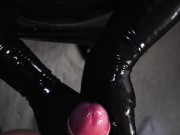 Cute Blond Girl gives Handjob in Latex Gloves and Dress till Cum on Ass 15/16