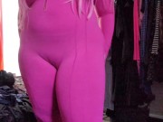 trying on this stretchy pink bodysuit 13/16